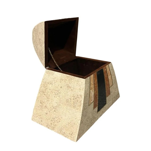 We have for your consideration a very beautiful vintage postmodern 1980s tessellated marble and stone and brass trim...