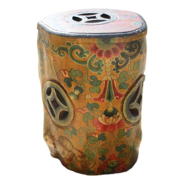 1990s Tibetan Handpainted Tree Trunk Stool For Sale