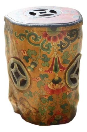 1990s Tibetan Handpainted Tree Trunk Stool