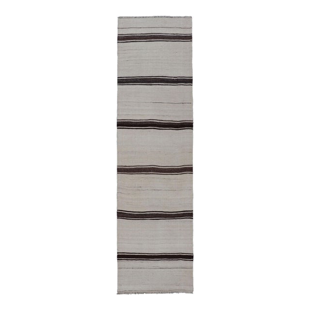 Vintage Turkish Kilim Small Runner With Ivory and Dark Brown Stripes 2'0 X 7'10 For Sale