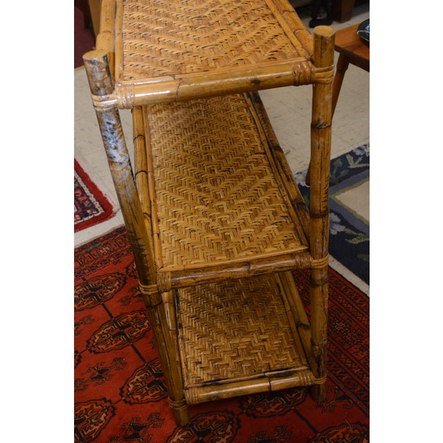 Vintage Bamboo & Woven Rattan 2 & 3 Tiered Decorative Long Shelving Shelf Unit For Sale - Image 14 of 18