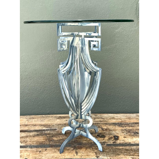 Vintage Greek Key Motif Metal and Glass Drinks Table For Sale - Image 10 of 12