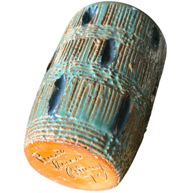 Fantoni Mid-20th Century Signed Textural Studio Pottery Vase in Turquoise and Ochre For Sale - Image 4 of 7