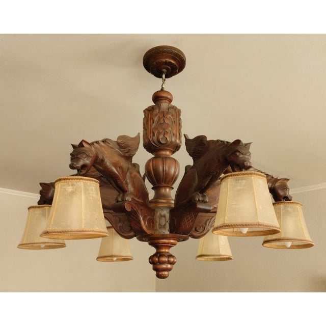 Antique Black Forest Gothic Revival Carved Wood Chandelier with Gargoyles and Mascarons, 1940s For Sale - Image 13 of 17
