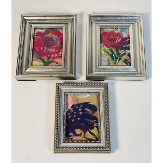 Lovely set of 3 small original art paintings acrylic on brown paper abstract Flowers in silver tone frames. Priced per piece.