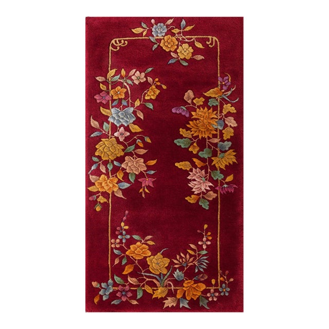 1920s Red Raspebery Floral Modern Antique Chinese Art Deco Rug 2'0" X 3'10" Hand Knotted Wool Carpet For Sale