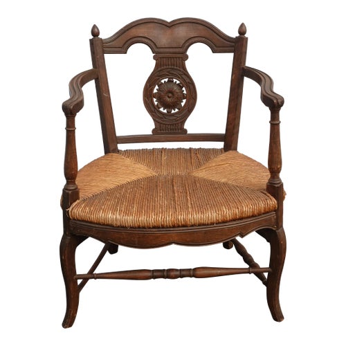 Vintage French Country Low Profile Brown Rush Accent Chair