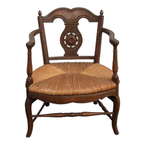 Vintage French Country Low Profile Brown Rush Accent Chair