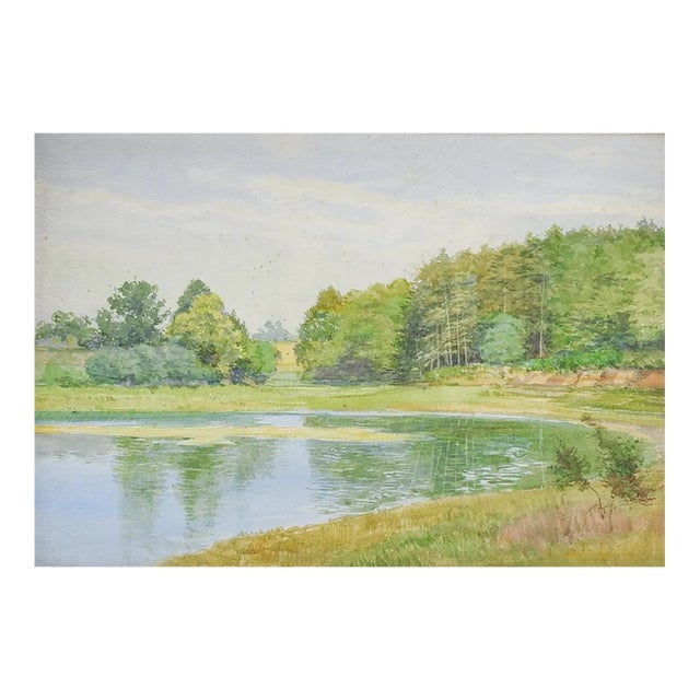 Late 19th Century French Plein Air Lakeside Landscape Watercolor Painting For Sale