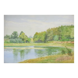 Late 19th Century French Plein Air Lakeside Landscape Watercolor Painting