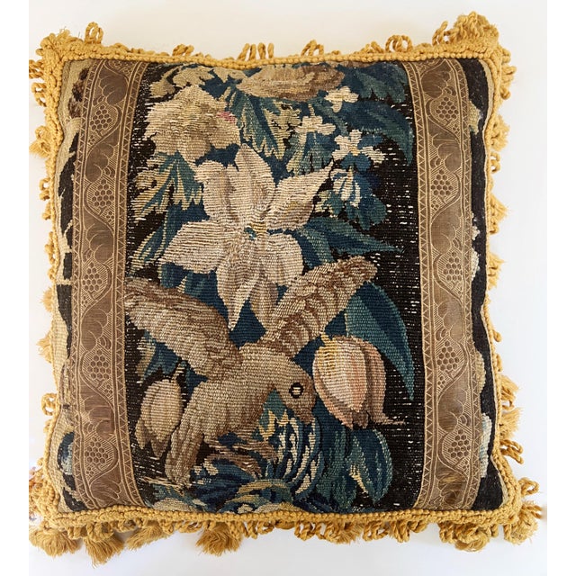 Late 18th Century Antique 18th Century French Aubusson Tapestry 18" Square Pillows W/Lovely 2"Tassels, Birds and Florals For Sale - Image 5 of 14