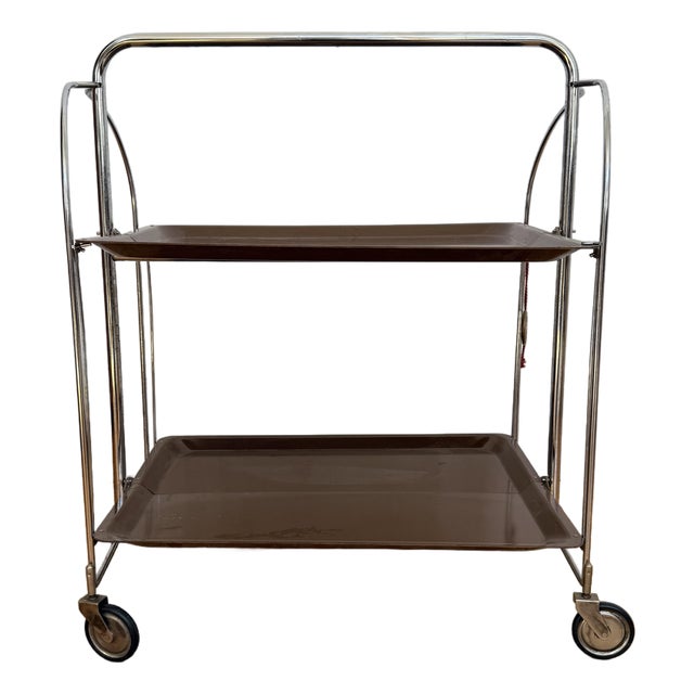 Vintage 1970s German Bremshey Chrome & Brown Folding Bar Cart For Sale