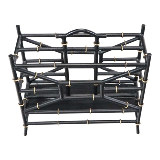 This is a late 20th century black and gilt faux bamboo tole magazine rack / canterbury. It is unmarked and in very good...