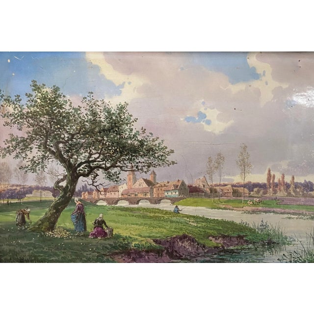 Impressionist 19th Century French Impressionist Painting on Porcelain: Gathering Apples With Town (Rouen?) in Background by Paul Langlois, Framed For Sale - Image 3 of 10