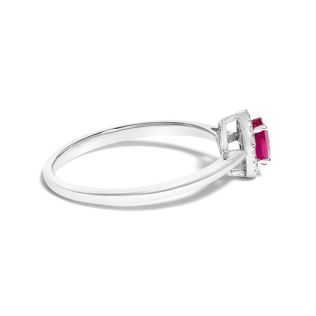 Contemporary 10K White Gold 5X3MM Oval Red Ruby and Diamond Accent Halo Ring (I-J Color, I1-I2 Clarity) - Ring Size 6 For Sale - Image 3 of 7