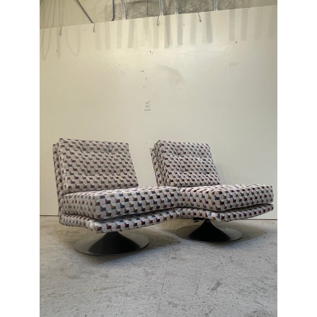 Pair of Armless Swivel Lounge Chairs. Tilt and swivel, reclinable. Tulip style polished steel base. Very comfortable!...