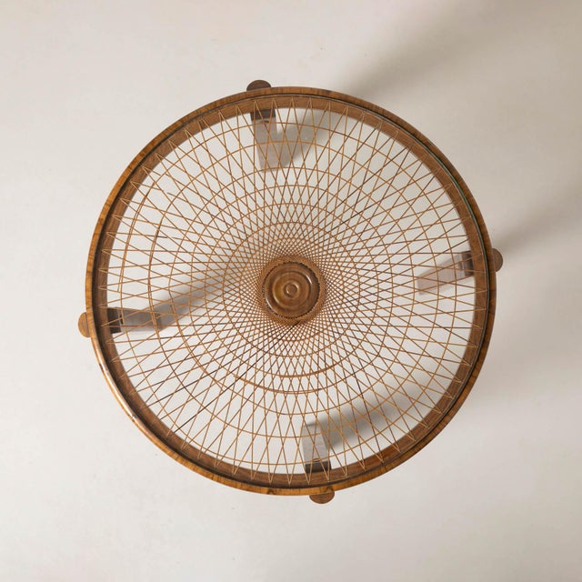 Art Deco Side Table in Wallnut, Rattan and Glass, Poland, 1940s For Sale - Image 3 of 6
