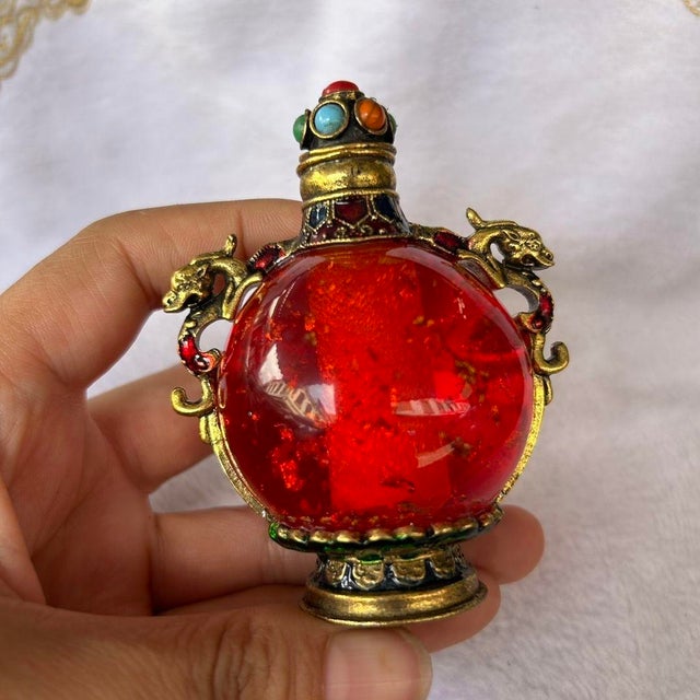 Vintage Red Glass Snuff Bottle — Gilt Bronze Dragon-Handled Moon Flask With Jeweled Stopper and Enamel Mounts For Sale In Los Angeles - Image 6 of 8