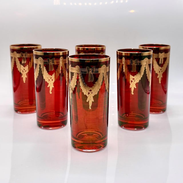 Italian Red Highball Glasses with 24k Gold Garlands from Interglass, 1980s, Set of 6 For Sale - Image 4 of 14