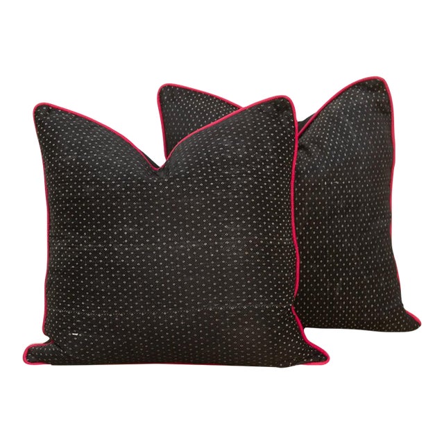 Pair of Manek Black Dotted Ahir Handloom Pillows For Sale