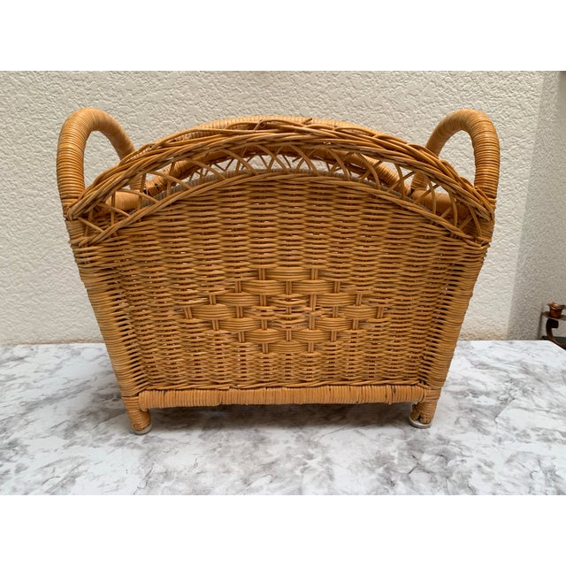 Vintage Wood Wicker Honey Toned Storage Basket For Sale - Image 9 of 10