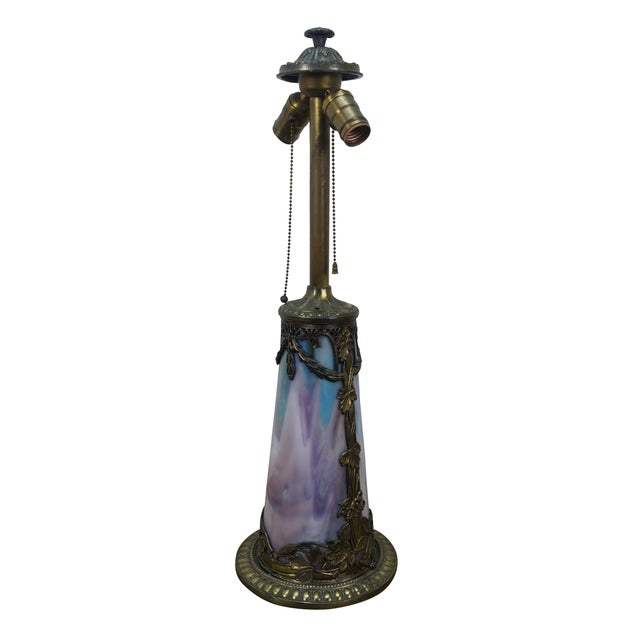 Antique Victorian era Aesthetic Movement / Art Nouveau style table lamp. Mushroom shaped lamp crafted of swirling blue,...
