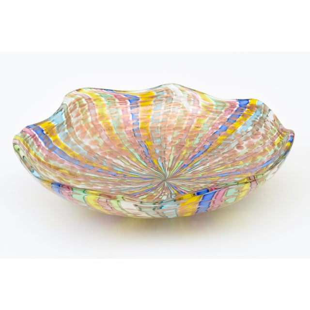This absolutely stunning vintage Italain Murano large bowl is a mesmerizing pattern of color and ribbon forms in the...