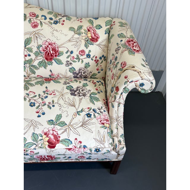 Vintage Hickory Chair Chinese Chippendale Floral Upholsterered Camelback Sofas in Lee Jofa Fabric - A Pair For Sale - Image 10 of 12