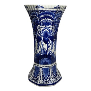 Large Vintage Hand-Painted Trumpet Vase by W.G. Andringa for Royal Delft, 1977 For Sale