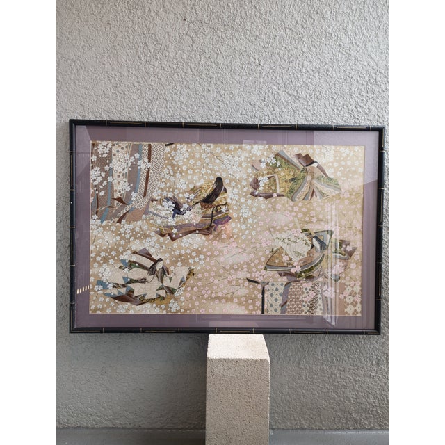 1960s Japanese Yuzen Paper Art Panel - Court Princesses & Cherry Blossoms For Sale - Image 4 of 9