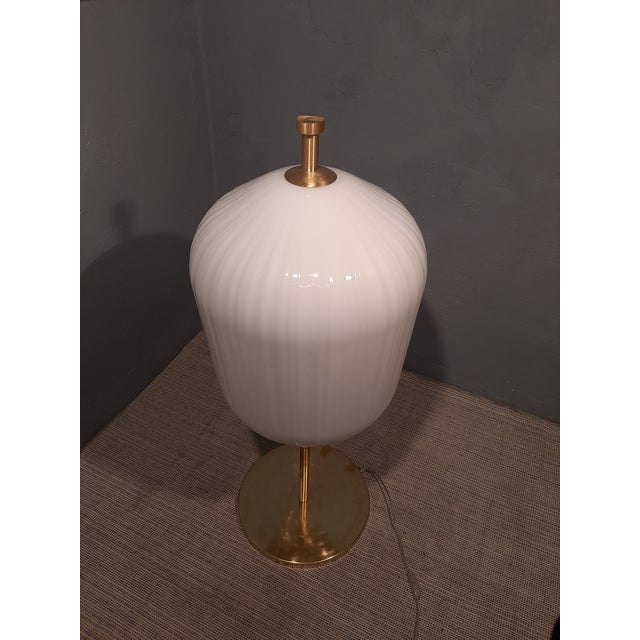 Satin Brass & Large Ribbed Milky Glass Floor Lamp For Sale - Image 17 of 17