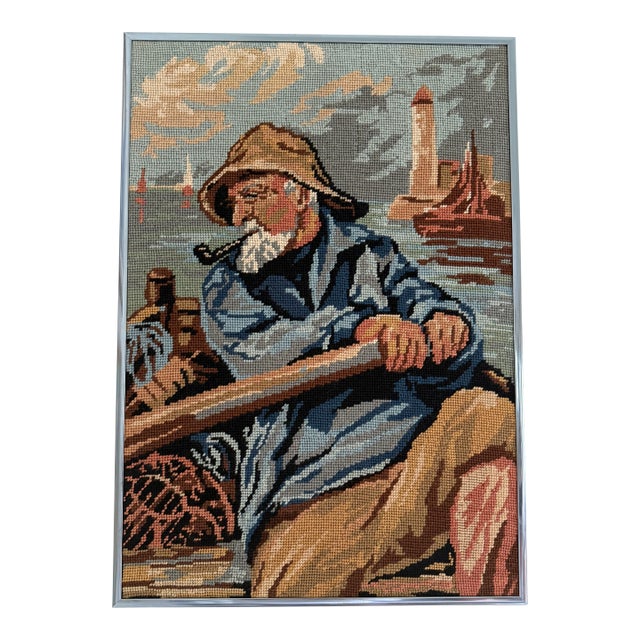 1950s Fisherman Framed Needlepoint For Sale