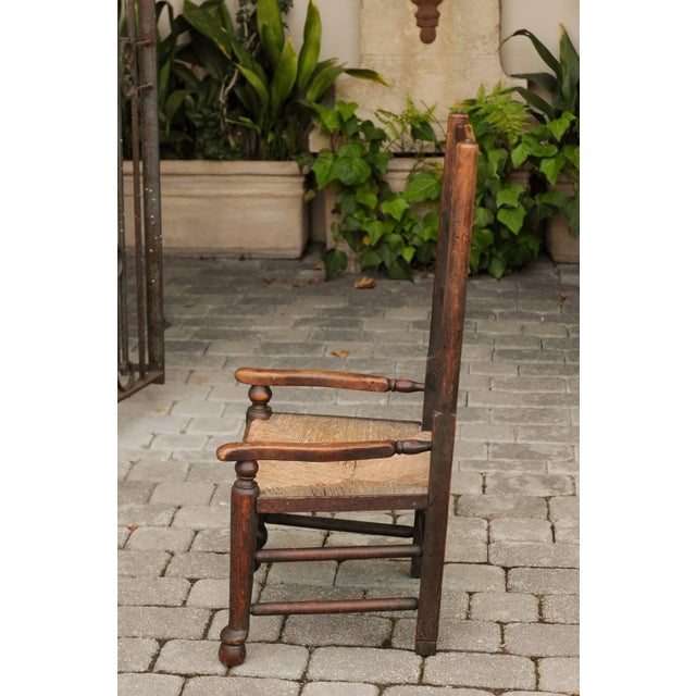 Brown English 1780s Oak William and Mary Style Open Arm Youth Chair with Rush Seat For Sale - Image 8 of 11