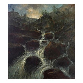 Unknown Artist, Waterfall Painting, Oil on Canvas, 19th Century For Sale