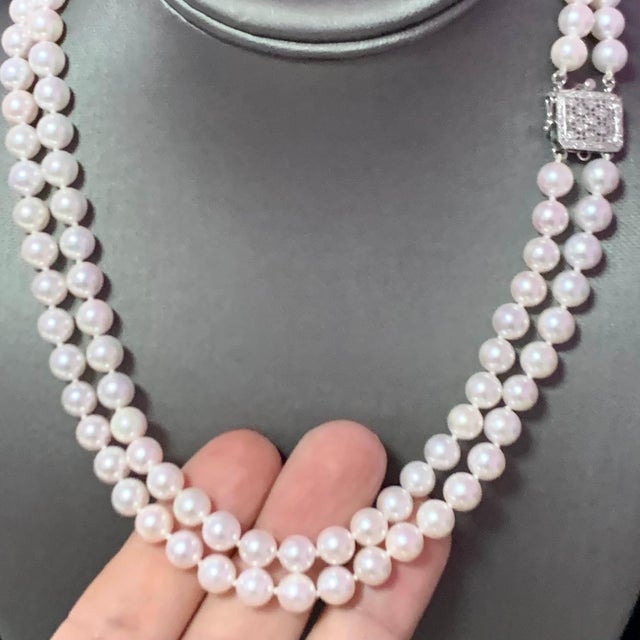 Diamond Akoya Pearl 2-Strand Necklace 14k Gold Certified For Sale - Image 4 of 11