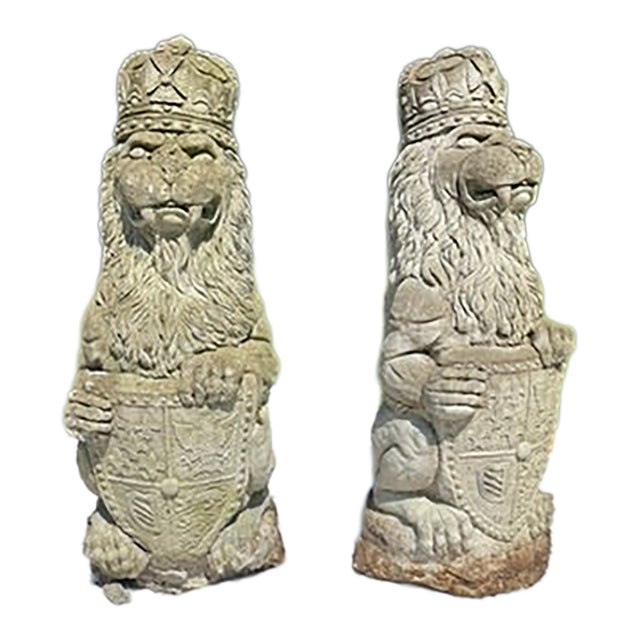 Vintage Armorial Concrete Lion Statues a Pair For Sale