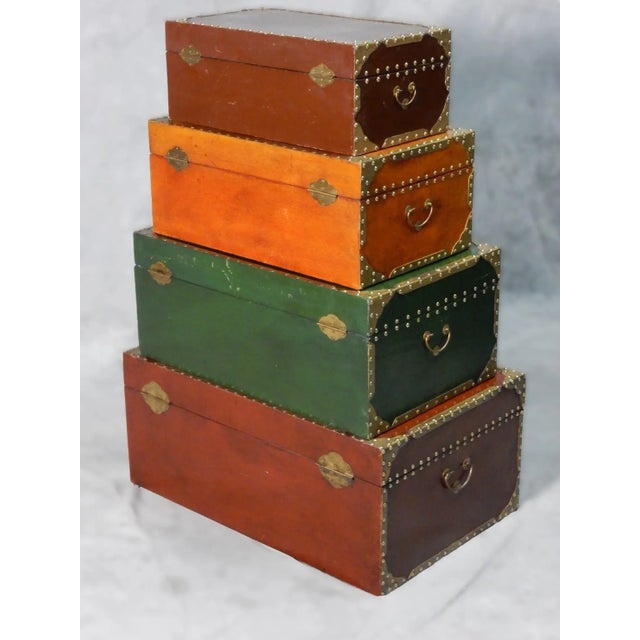 1980s Exotic Brass Nail Head & Enameled Wood Nesting Trunks or Chests For Sale - Image 11 of 12