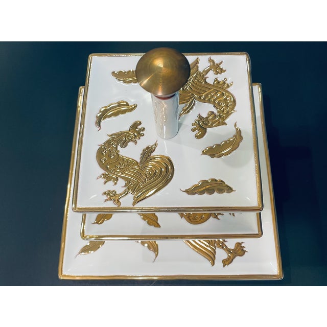 Metal White Porcelain Gold Rooster Tri Level Serving Tray Exclusive of Italy Saks Fifth Avenue For Sale - Image 7 of 9