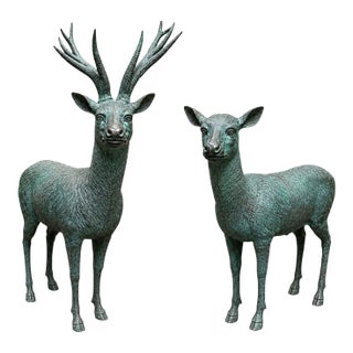 Late 20th Century Pair of Monumental Bronze Stag and Doe Sculptures by Lake Geneva Studios For Sale