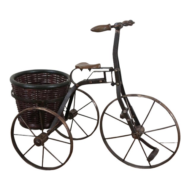 Vintage Metal & Wood Tricycle Bicycle Plant Stand Planter With Wicker Basket For Sale