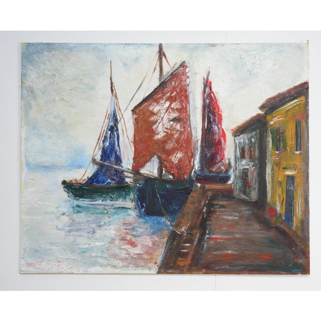Late 20th Century European Fishing Boat Harbor Painting For Sale In Seattle - Image 6 of 6