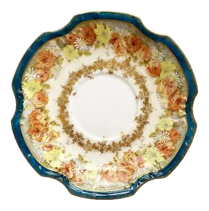 Floral Rich Blue Ceramic Limoges Coiffe Saucer - Limoges France 1800s