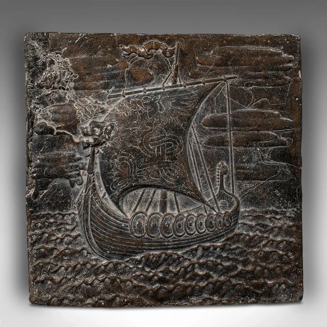 This is a heavy antique decorative lead plaque. A Scandinavian, relief panel with Viking long ship scene, dating to the...