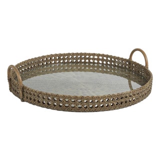 Zadar Round Open Weave Rattan Tray with Clear Glass For Sale