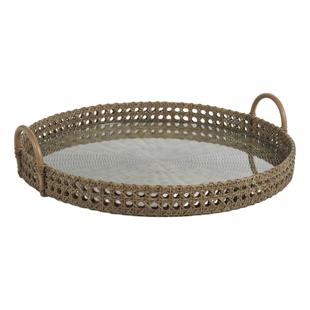 Zadar Round Open Weave Rattan Tray with Clear Glass For Sale