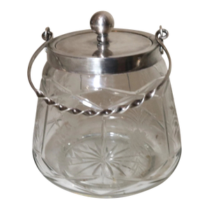 Antique Nickel Silver Plated Cut Crystal Floral Biscuit Cookie Jar Ice Bucket