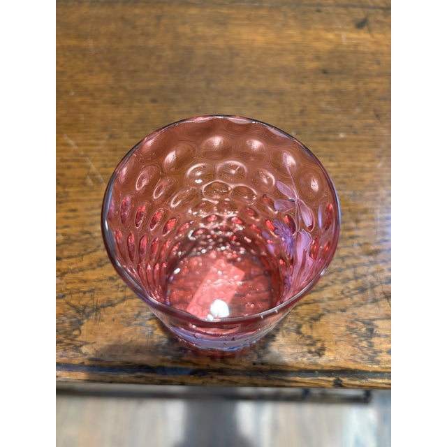 Late 19th Century Antique Cranberry Glass Inverted Thumbprint Tumbler Hand Painted Winter Scene Mint- Mary Gregory Style For Sale - Image 5 of 9