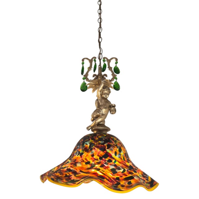Signed Confetti Art Glass Shade Cherub Pendant Light For Sale - Image 9 of 17