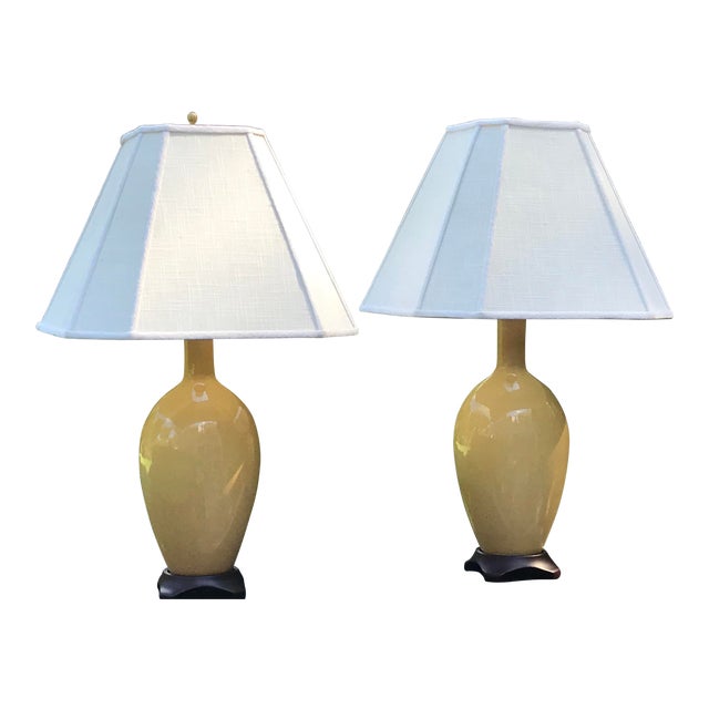 Hollywood Regency Style Butter Yellow Porcelain Table Lamps With Shades A Pair Chairish