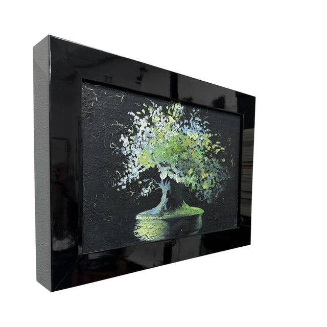 Silent Bonsai is an original acrylic painting depicting a solitary bonsai-inspired tree illuminated against a deep black...
